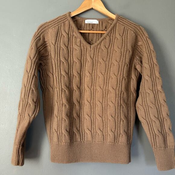 AMERICAN APPAREL V-neck Cable Knit Sweater Classic Camel Preppy Academia Prep S - Picture 2 of 9